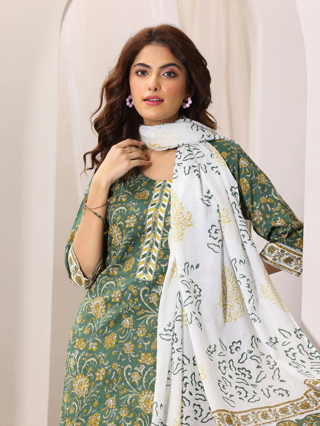  Green Printed Cotton Straight Suit Set With Dupatta 