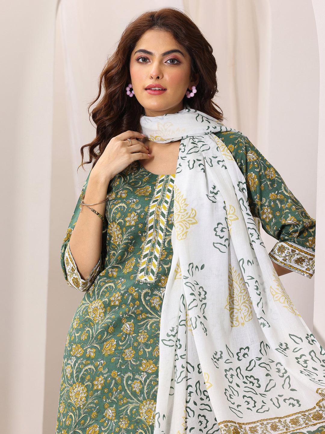  Green Printed Cotton Straight Suit Set With Dupatta 