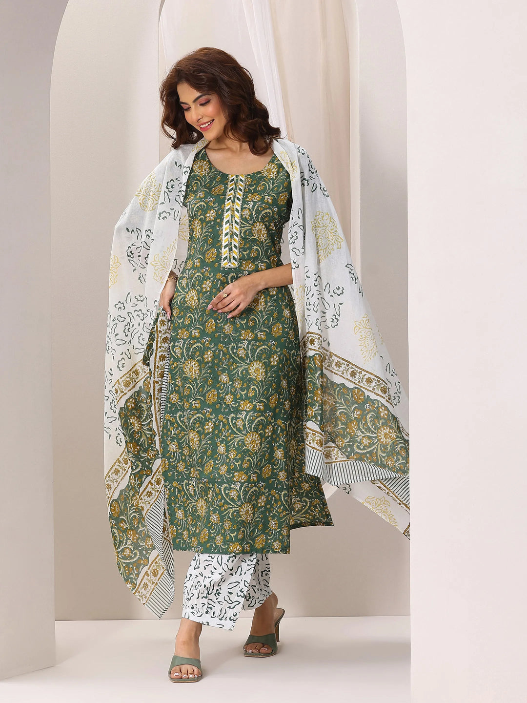  Green Printed Cotton Straight Suit Set With Dupatta 