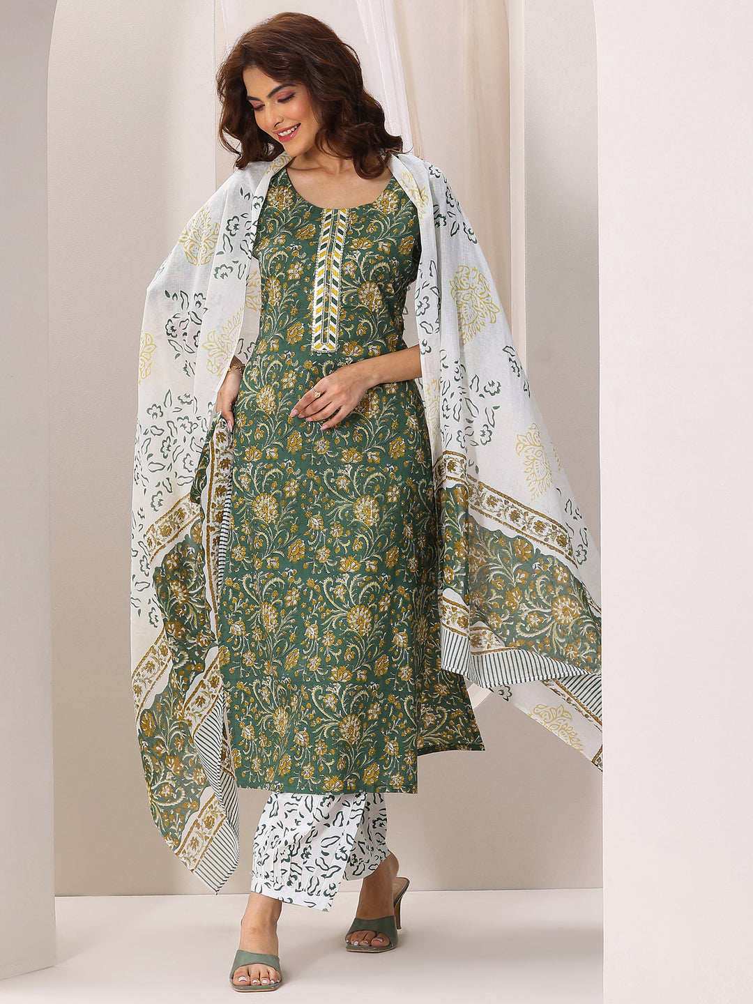  Green Printed Cotton Straight Suit Set With Dupatta 