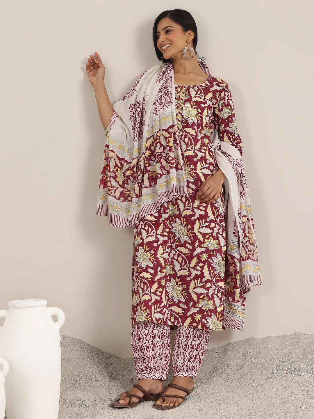  Red Printed Cotton Straight Suit With Dupatta 