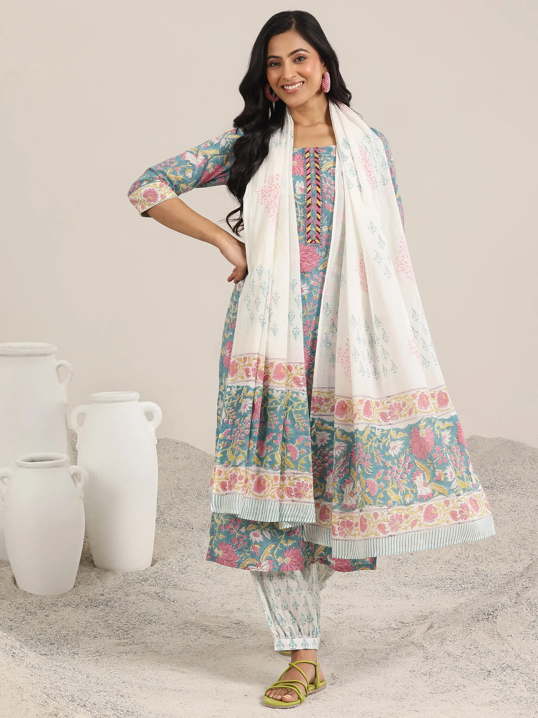  Blue Printed Cotton Straight Suit With Dupatta 