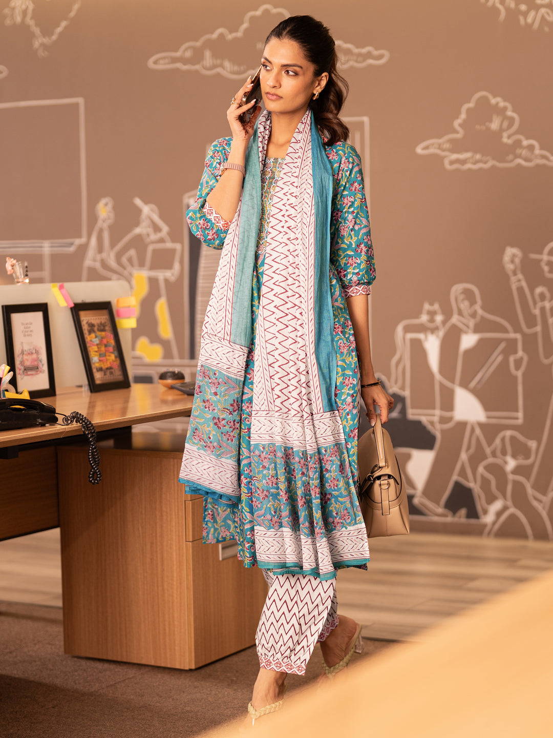 Blue Printed Cotton Straight Suit With Dupatta