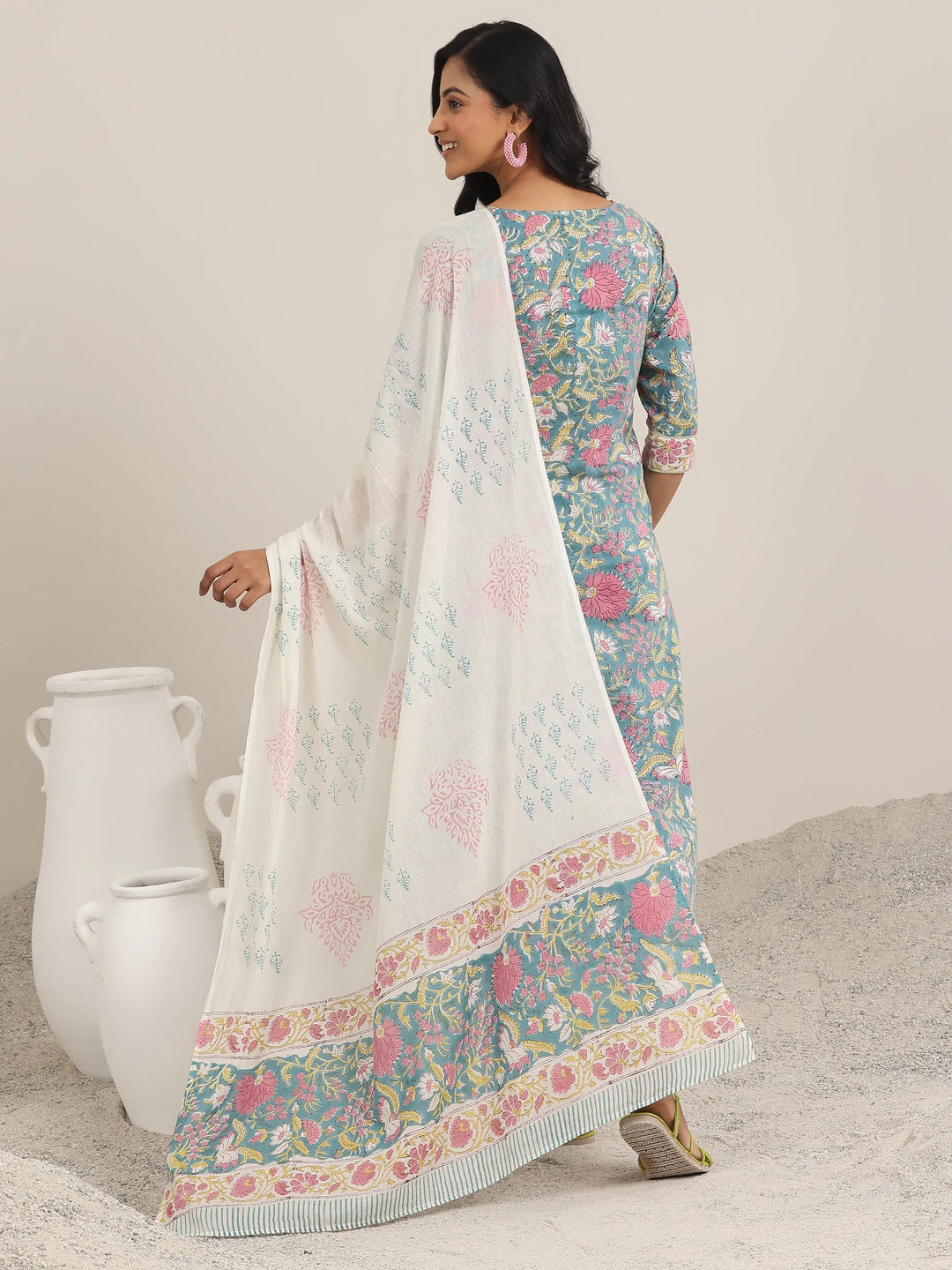  Blue Printed Cotton Straight Suit With Dupatta 