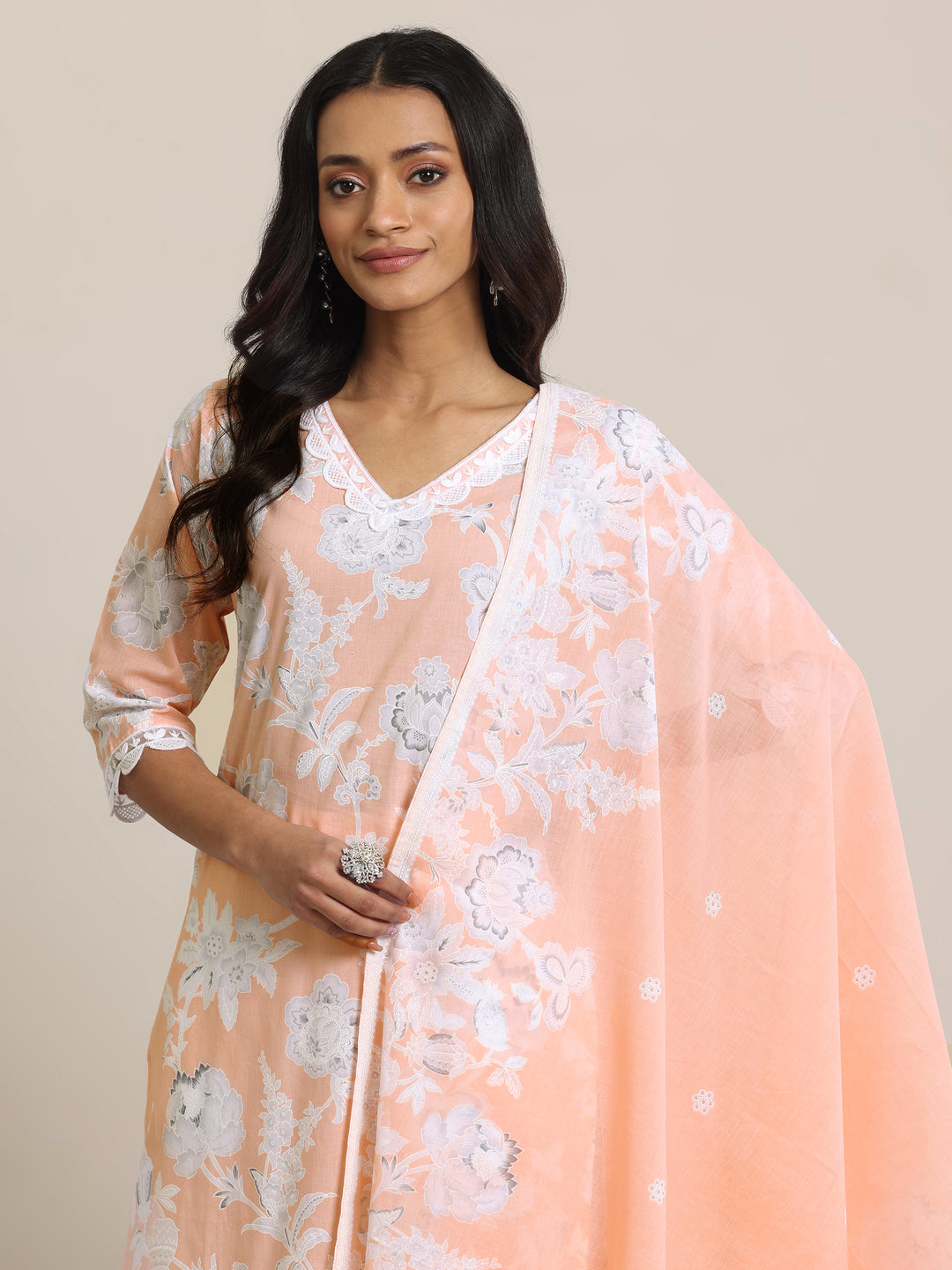  Peach Printed Cotton Straight Suit Set With Dupatta 