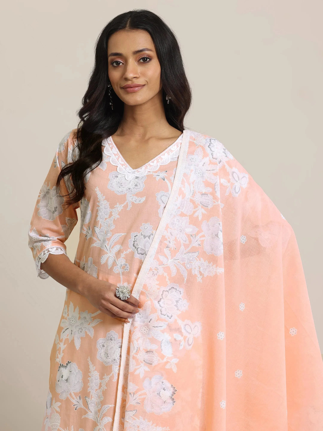  Peach Printed Cotton Straight Suit Set With Dupatta 