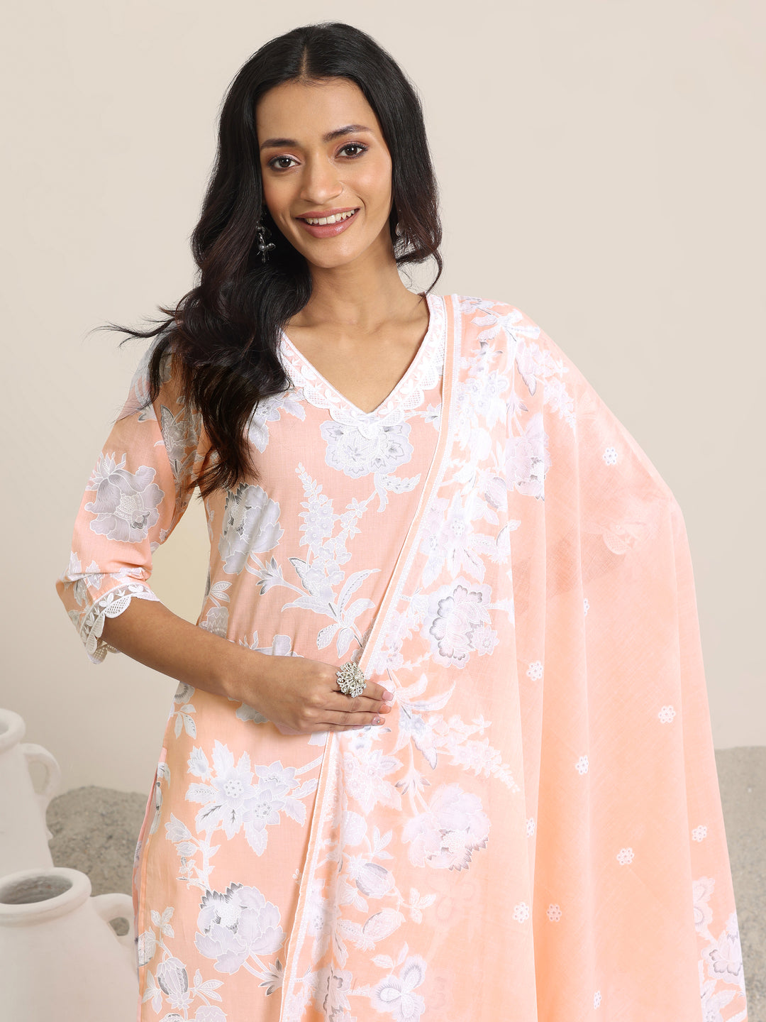 Peach Printed Cotton Straight Suit Set With Dupatta