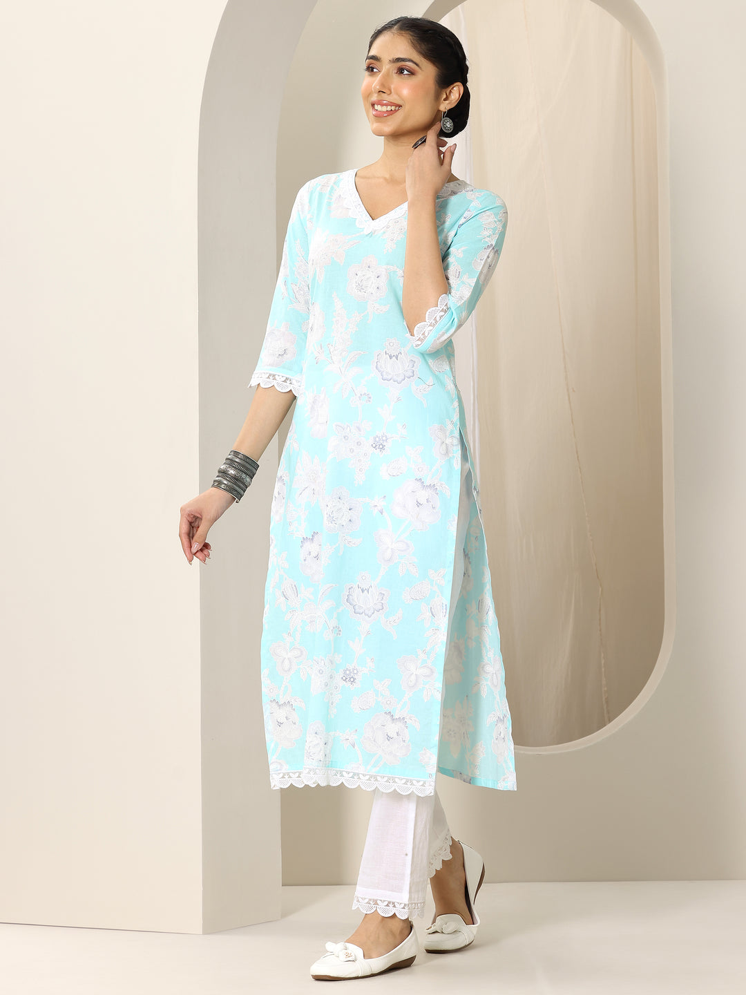  Blue Printed Cotton Straight Suit Set With Dupatta 