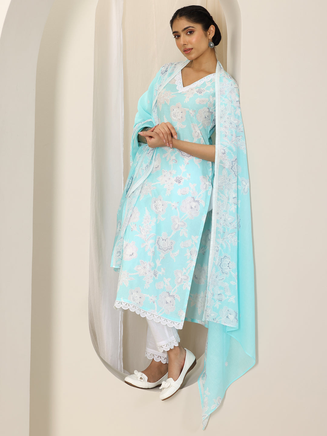  Blue Printed Cotton Straight Suit Set With Dupatta 