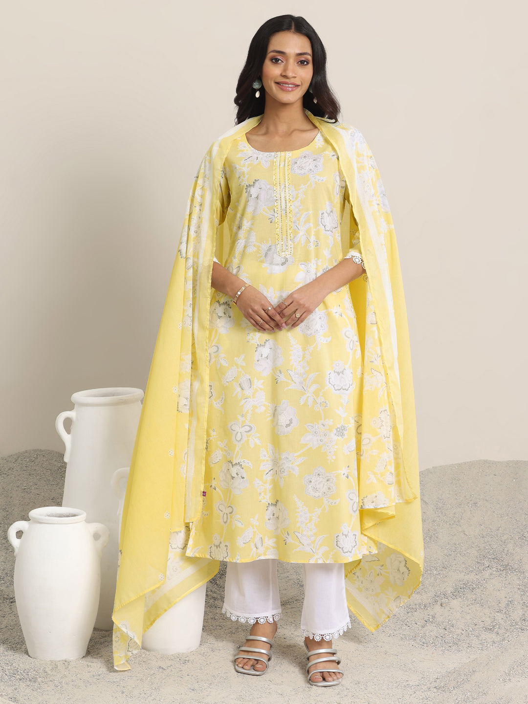  Yellow Printed Cotton Straight Suit Set With Dupatta 