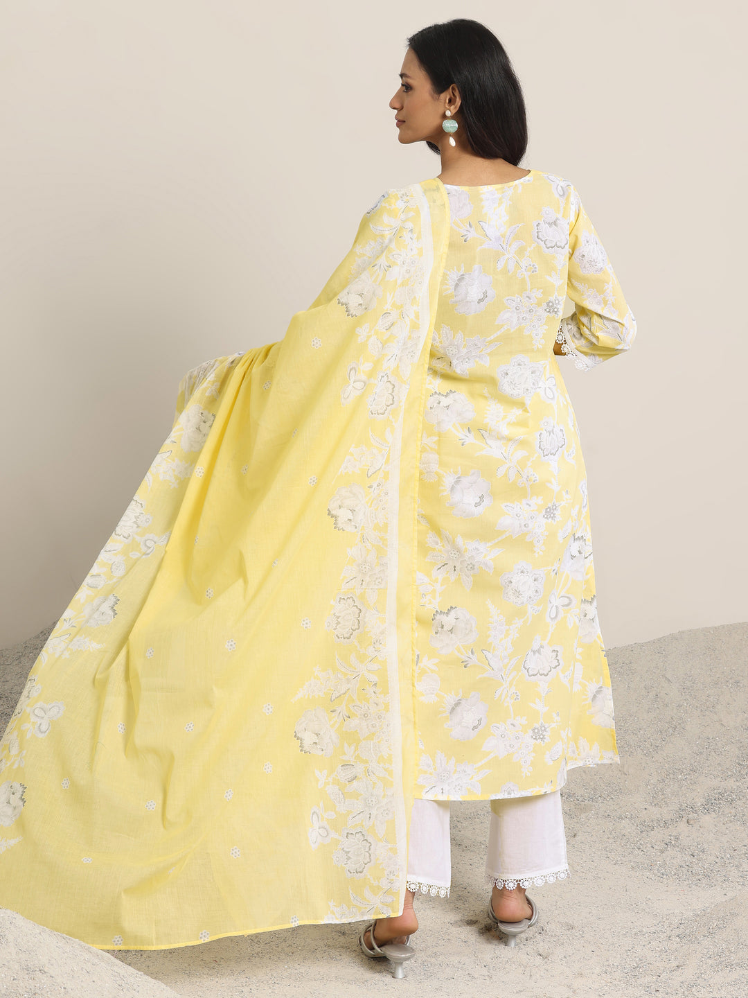  Yellow Printed Cotton Straight Suit Set With Dupatta 