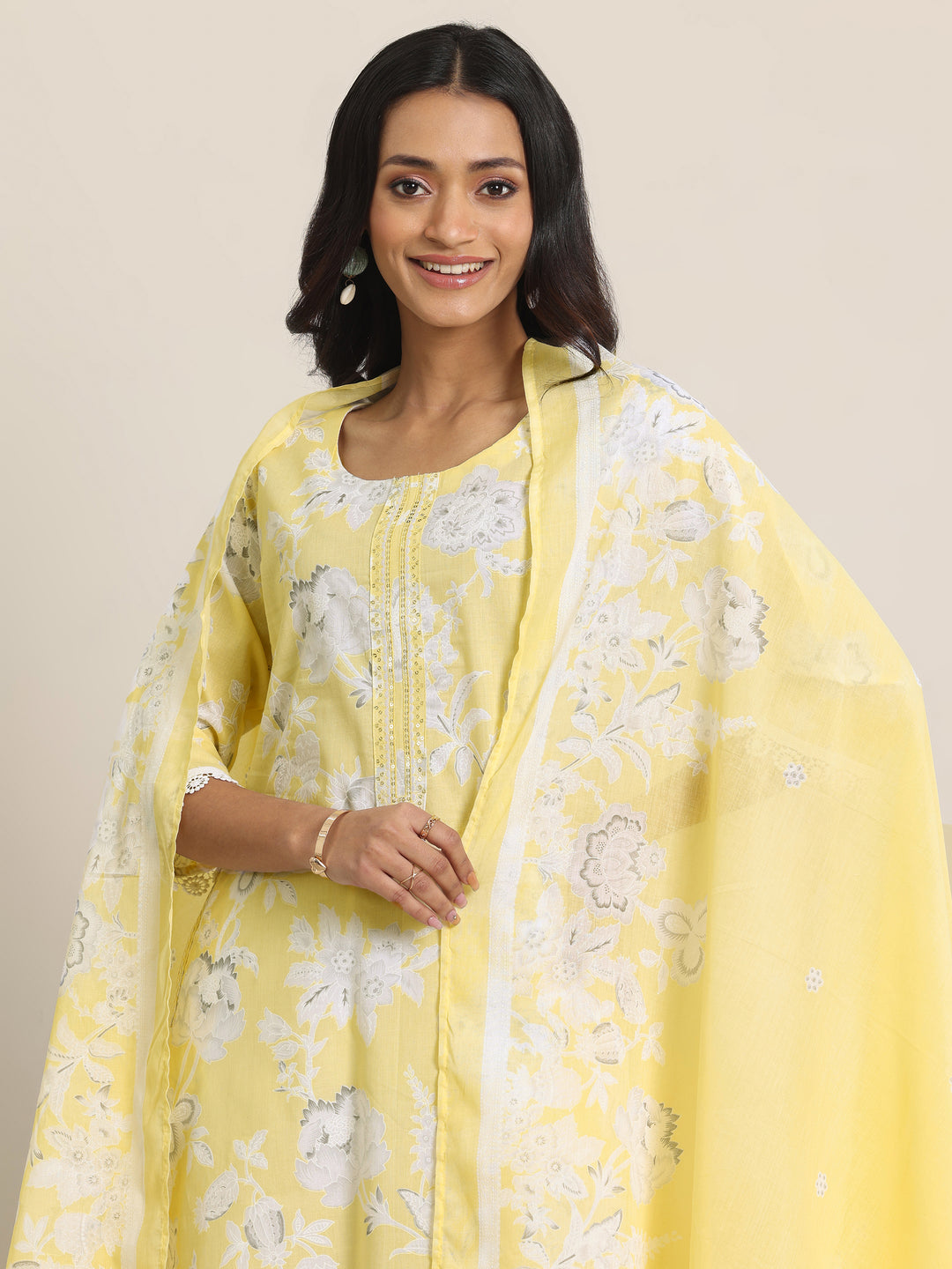  Yellow Printed Cotton Blend Straight Suit Set With Dupatta 