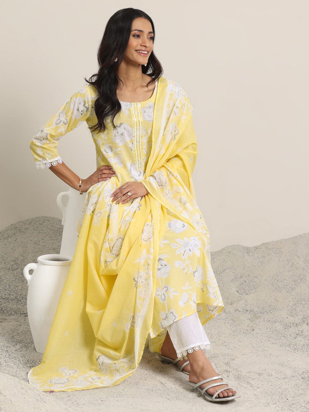 Yellow Printed Cotton Blend Straight Suit Set With Dupatta