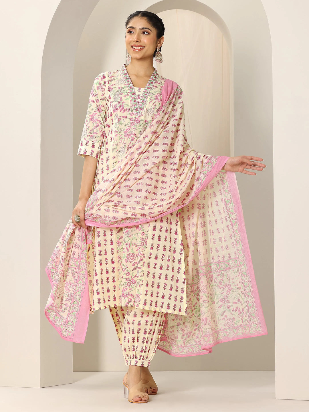  Pink Printed Cotton A-Line Suit Set With Dupatta 