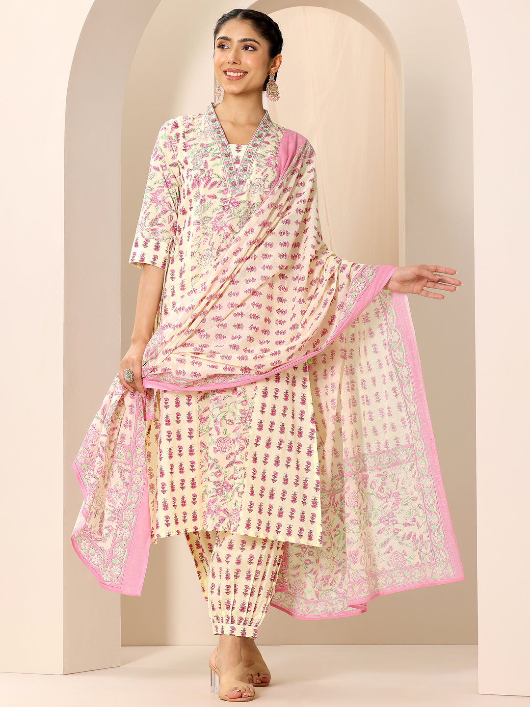  Pink Printed Cotton A-Line Suit Set With Dupatta 