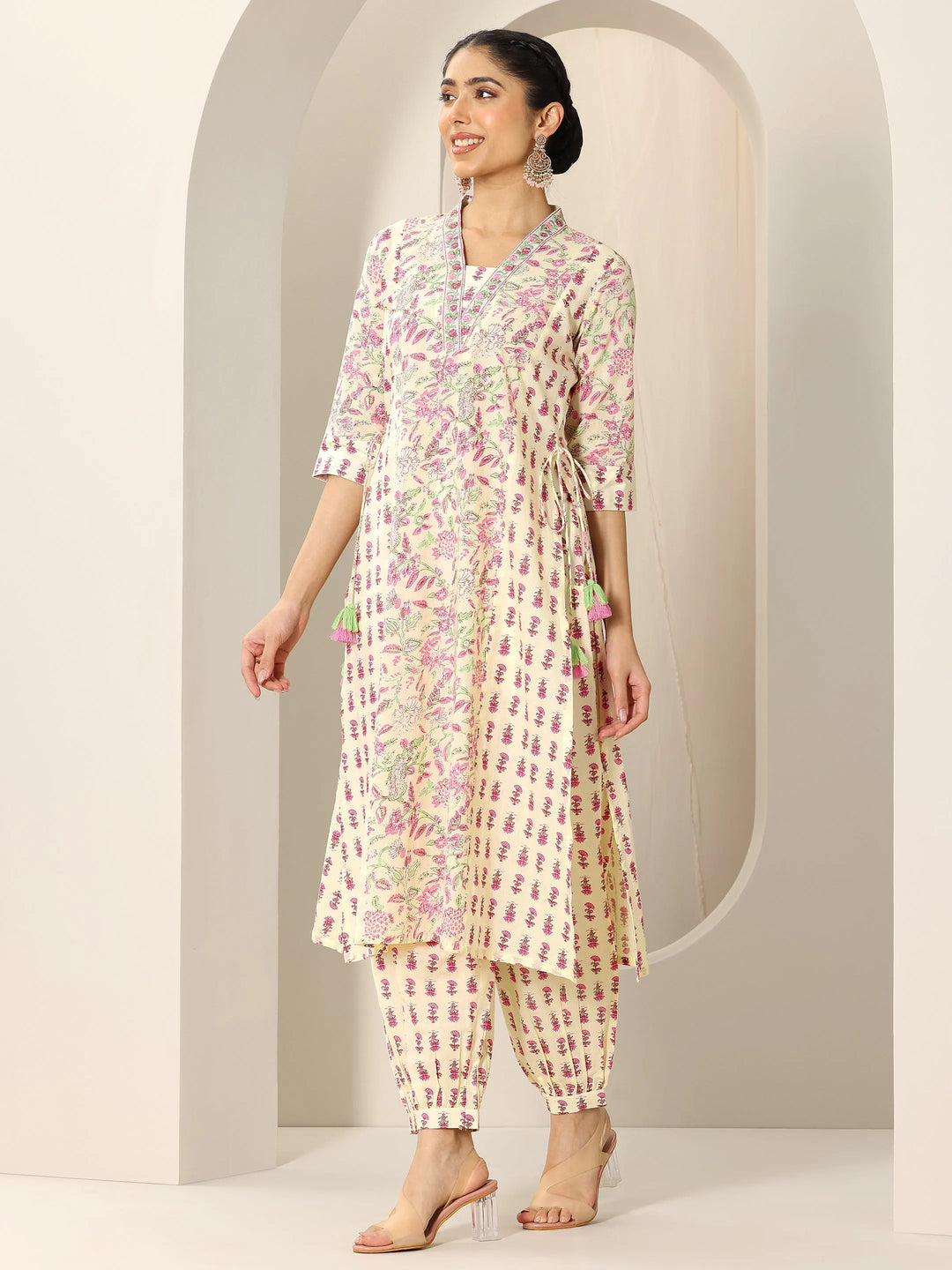  Pink Printed Cotton A-Line Suit Set With Dupatta 