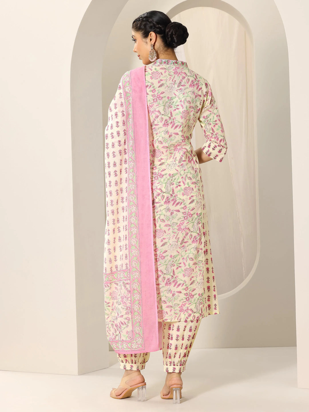  Pink Printed Cotton A-Line Suit Set With Dupatta 