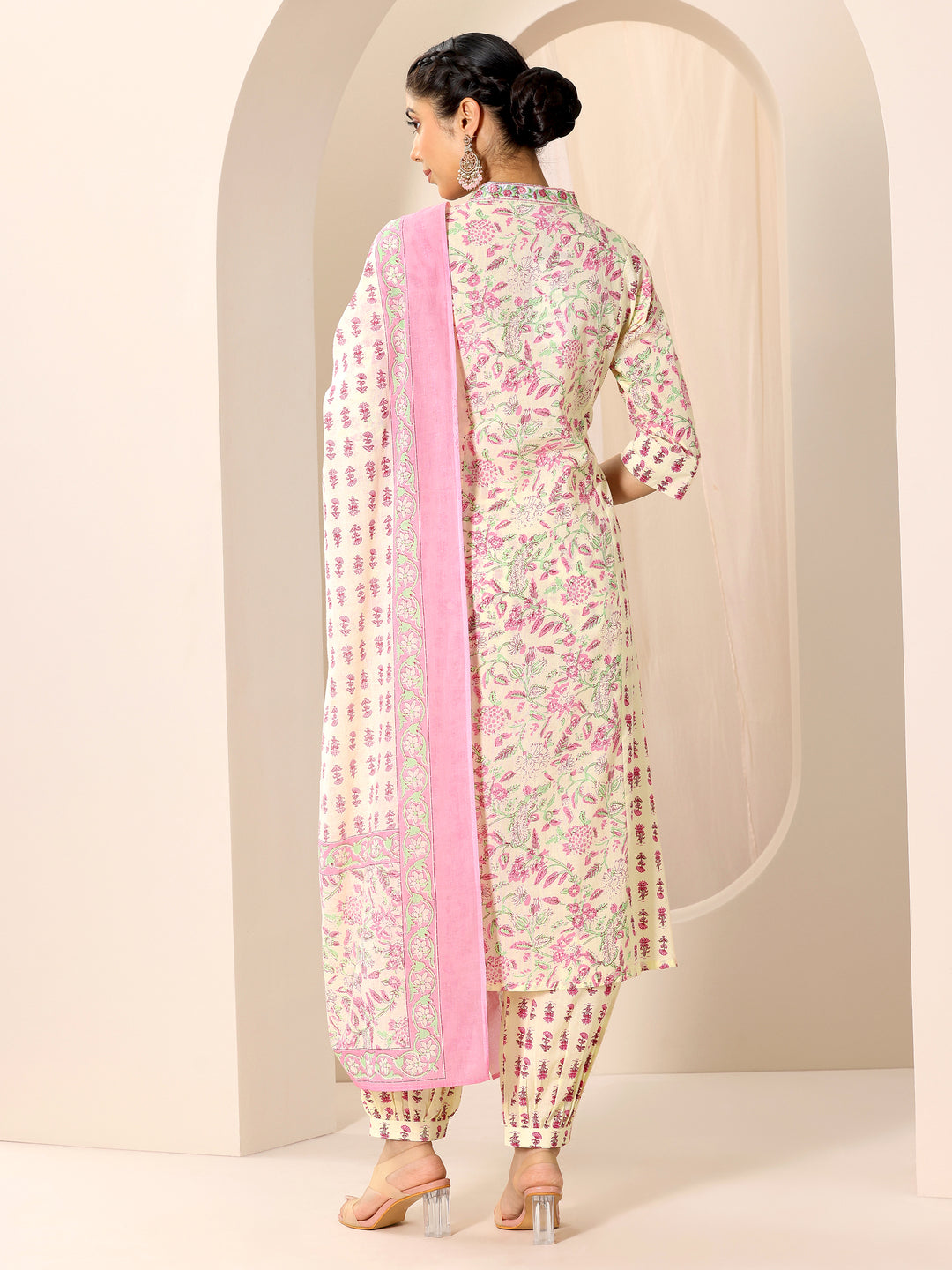  Pink Printed Cotton A-Line Suit Set With Dupatta 