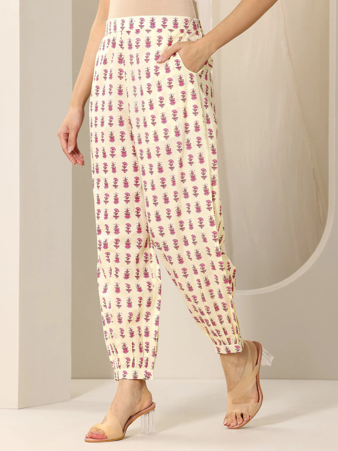  Pink Printed Cotton A-Line Suit Set With Dupatta 