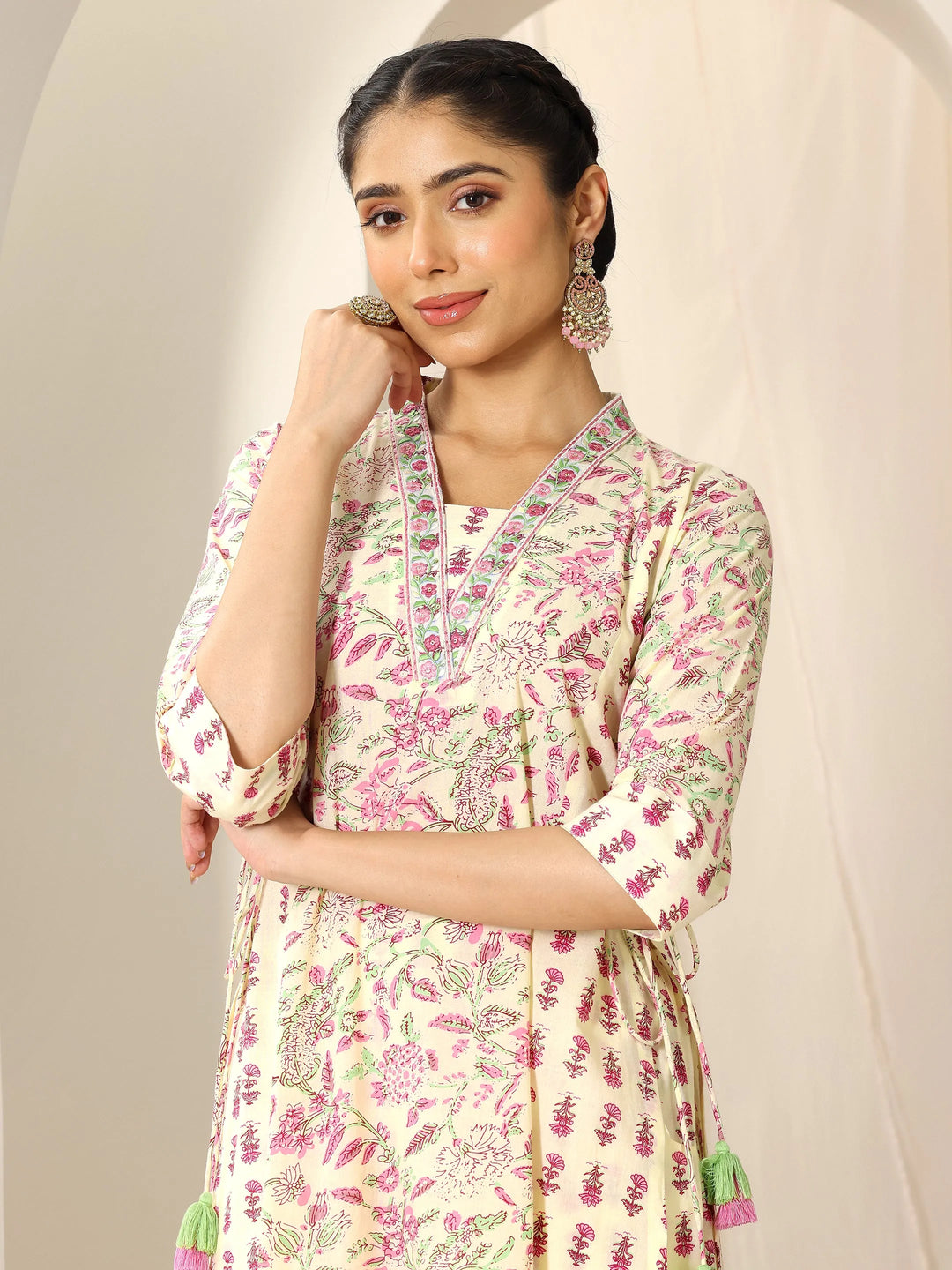  Pink Printed Cotton A-Line Suit Set With Dupatta 