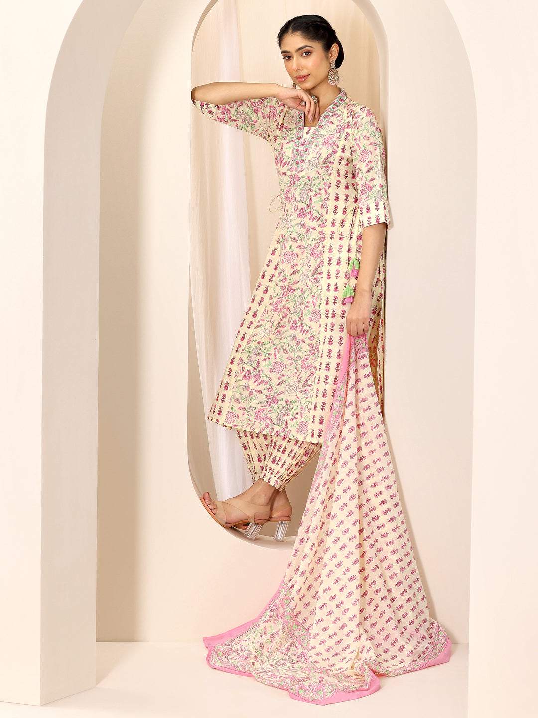  Pink Printed Cotton A-Line Suit Set With Dupatta 