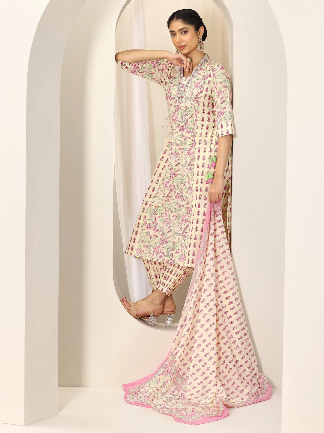 Pink Printed Cotton A-Line Suit Set With Dupatta