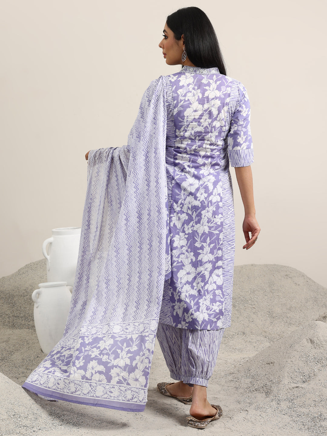  Lavender Printed Cotton Straight Suit With Dupatta 