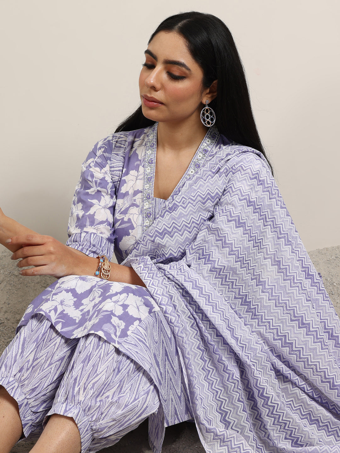 Lavender Printed Cotton Straight Suit With Dupatta