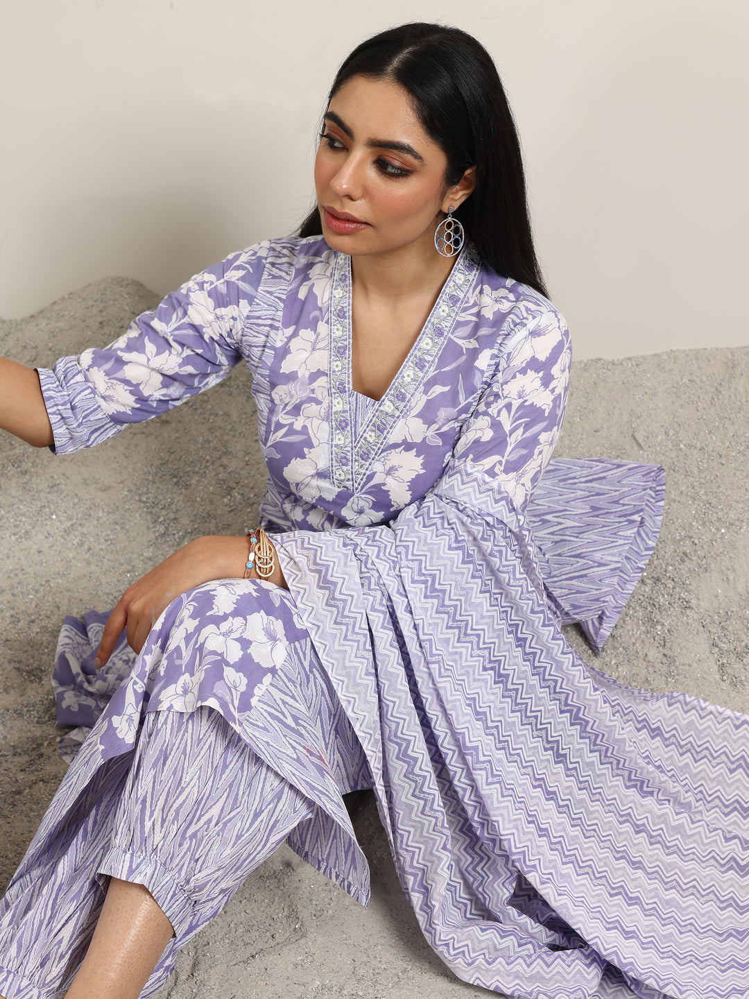  Lavender Printed Cotton Straight Suit With Dupatta 