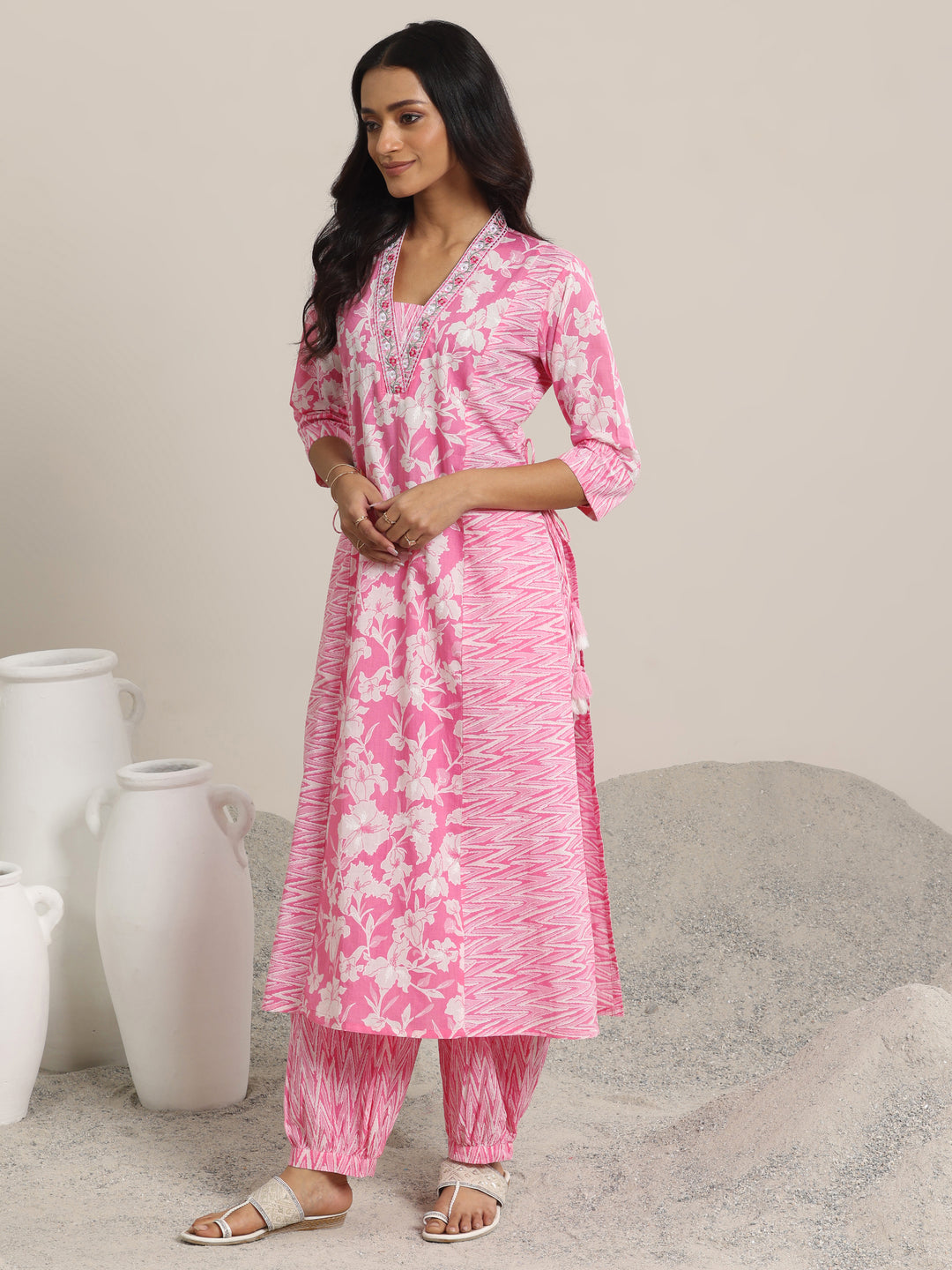  Pink Printed Cotton Straight Suit Set With Dupatta 