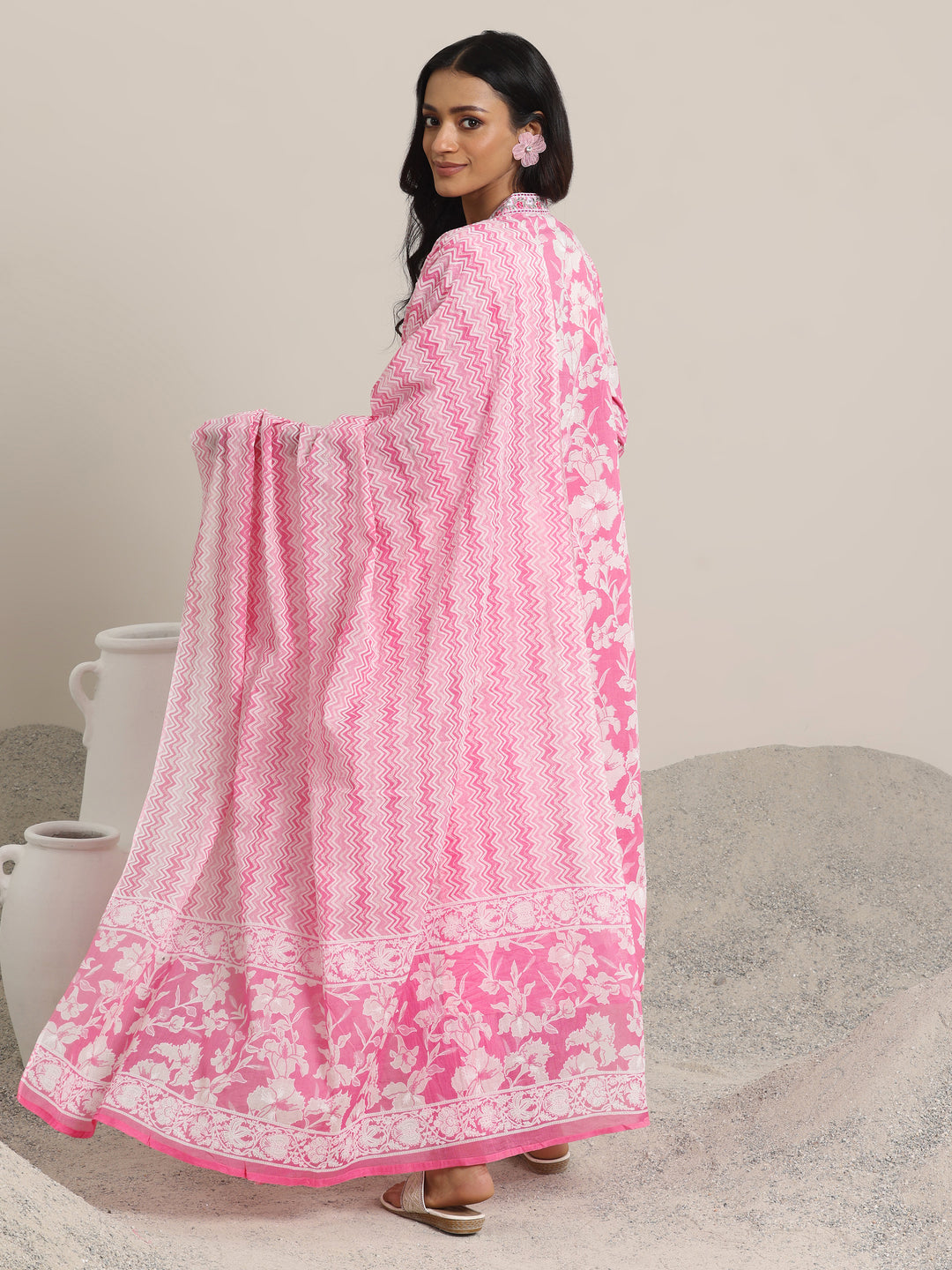  Pink Printed Cotton Straight Suit Set With Dupatta 