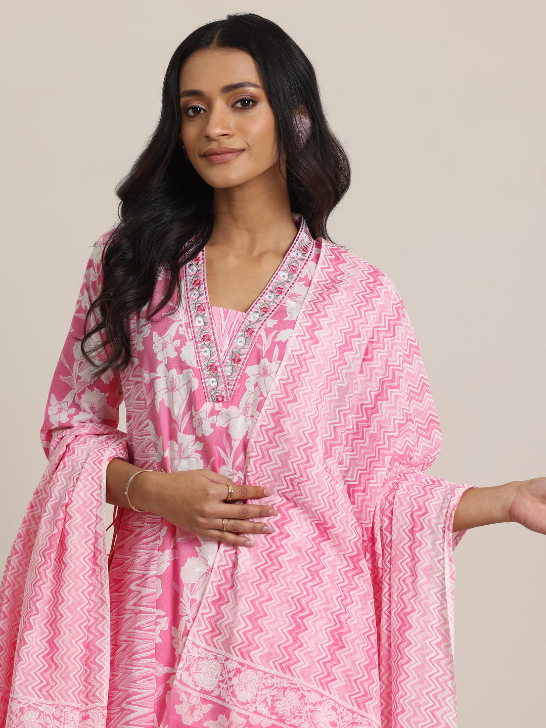  Pink Printed Cotton Straight Suit Set With Dupatta 