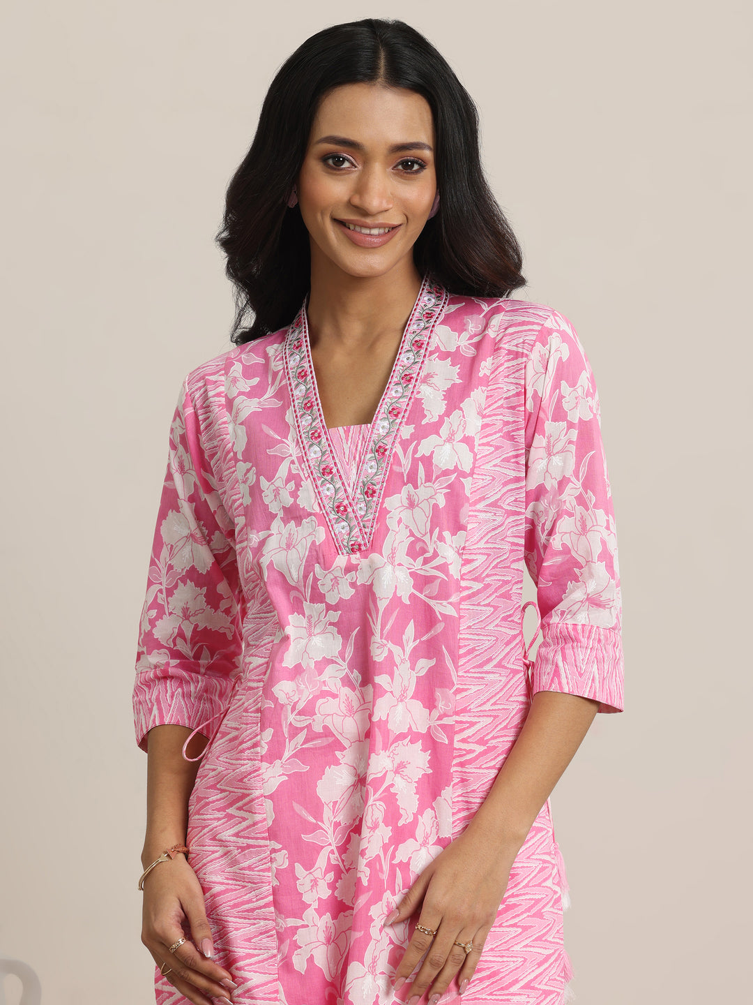  Pink Printed Cotton Straight Suit Set With Dupatta 