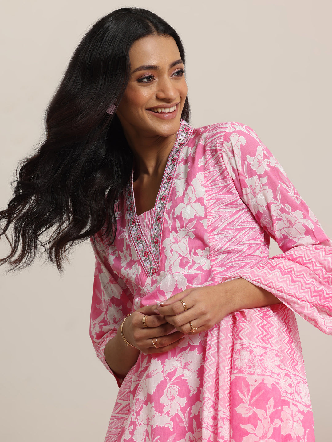  Pink Printed Cotton Straight Suit Set With Dupatta 