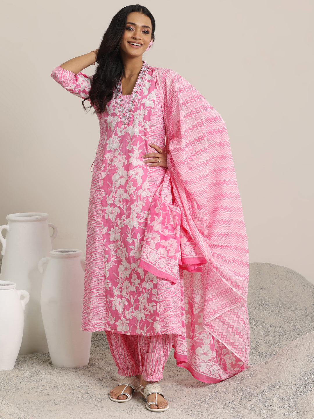  Pink Printed Cotton Straight Suit Set With Dupatta 