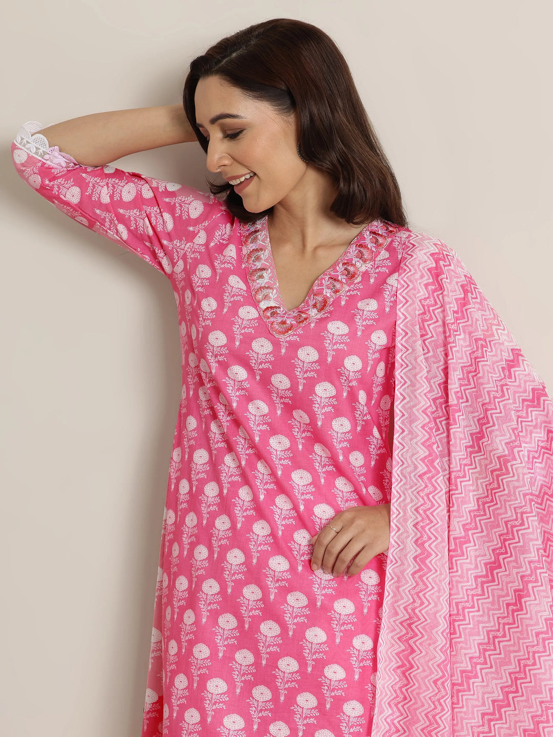  Pink Printed Cotton Straight Suit Set With Dupatta 