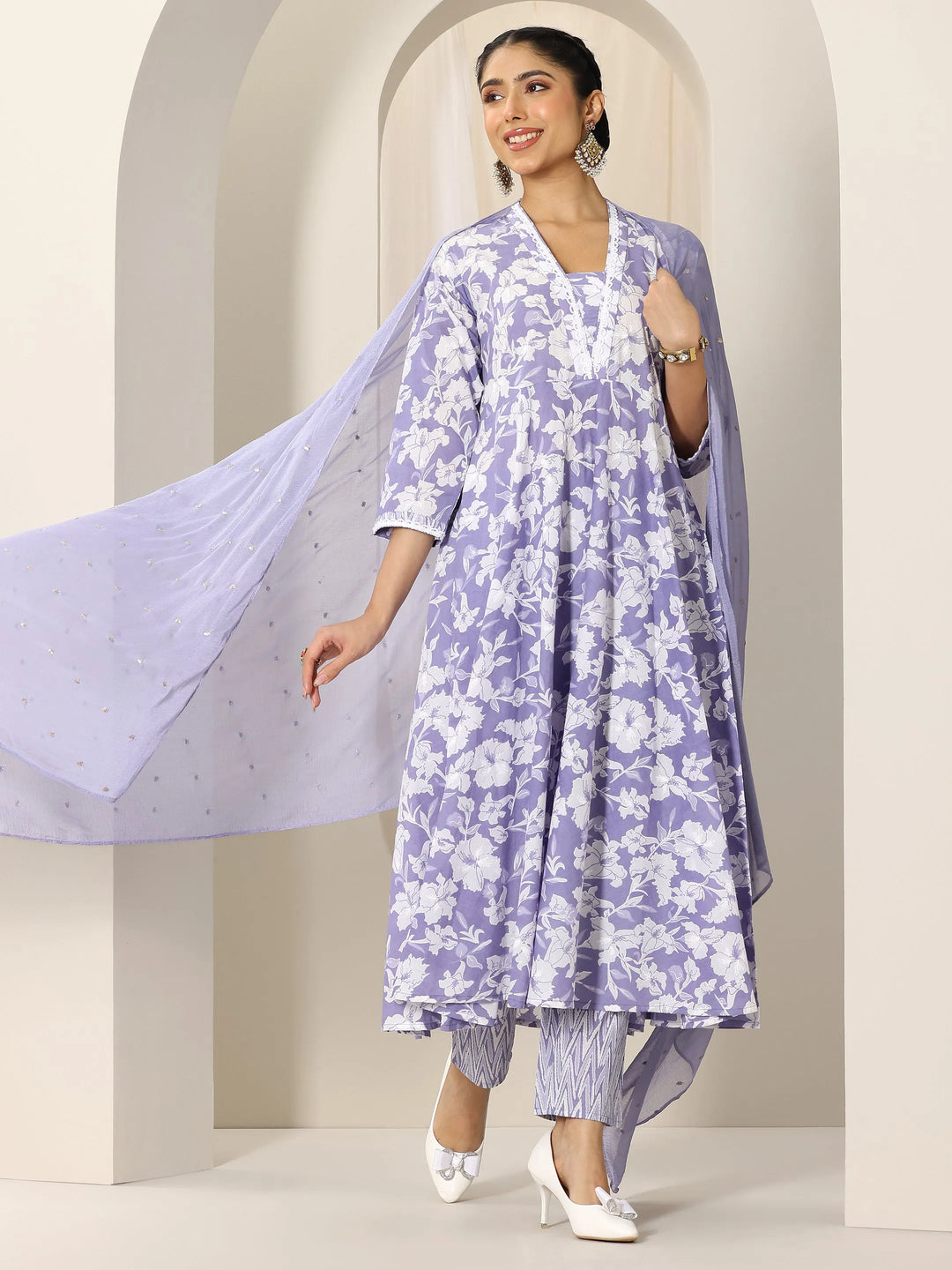 Lavender Printed Cotton Anarkali Suit Set With Dupatta