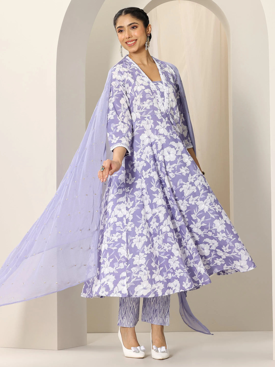  Lavender Printed Cotton Anarkali Suit Set With Dupatta 