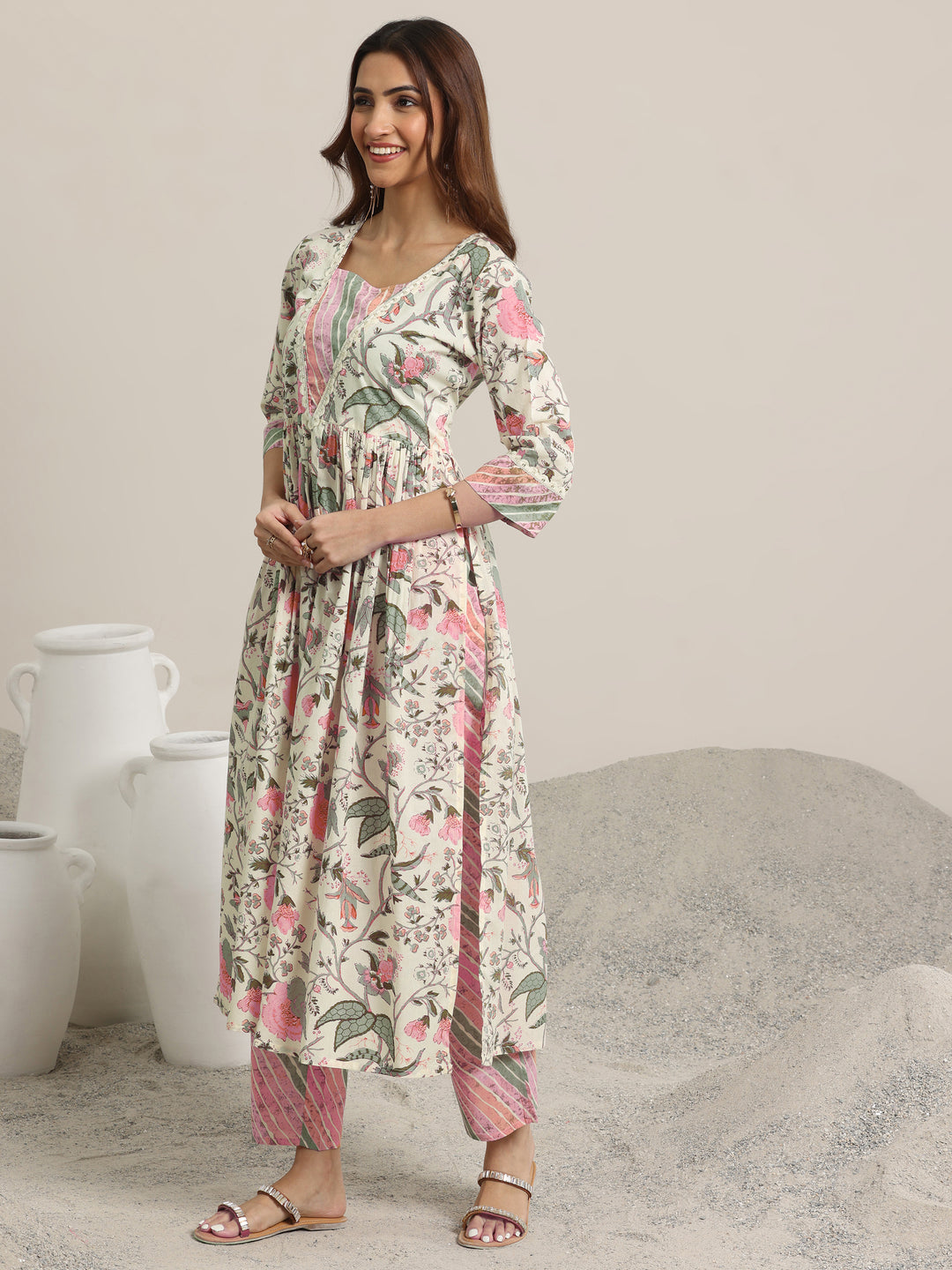  Off white Printed Cotton Anarkali Suit Set With Dupatta 