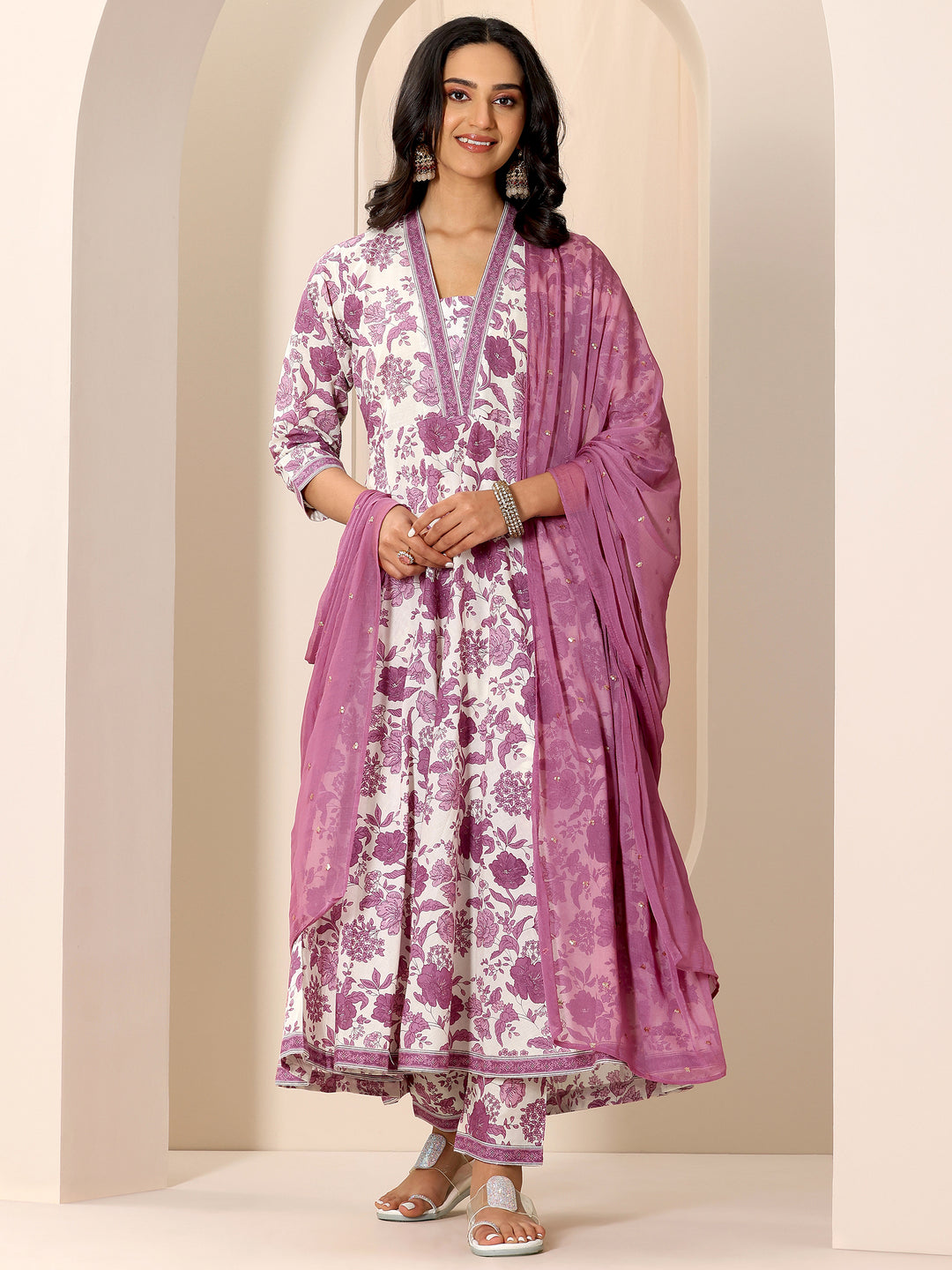  Mauve Printed Cotton Anarkali Suit Set With Dupatta 