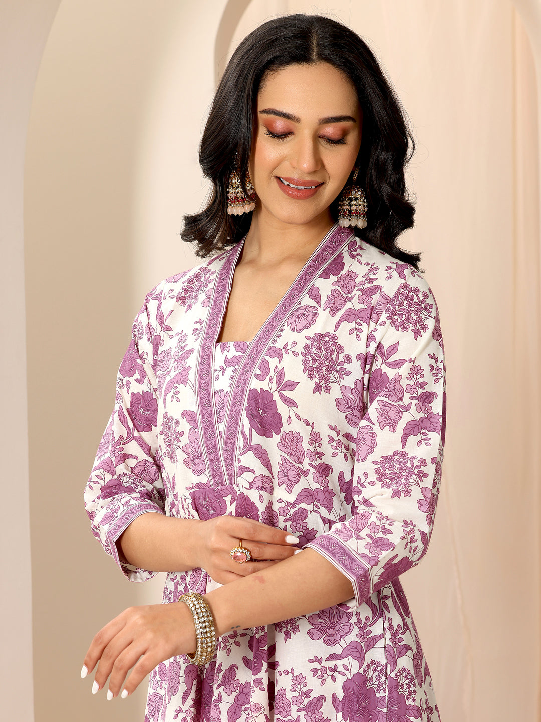  Mauve Printed Cotton Anarkali Suit Set With Dupatta 