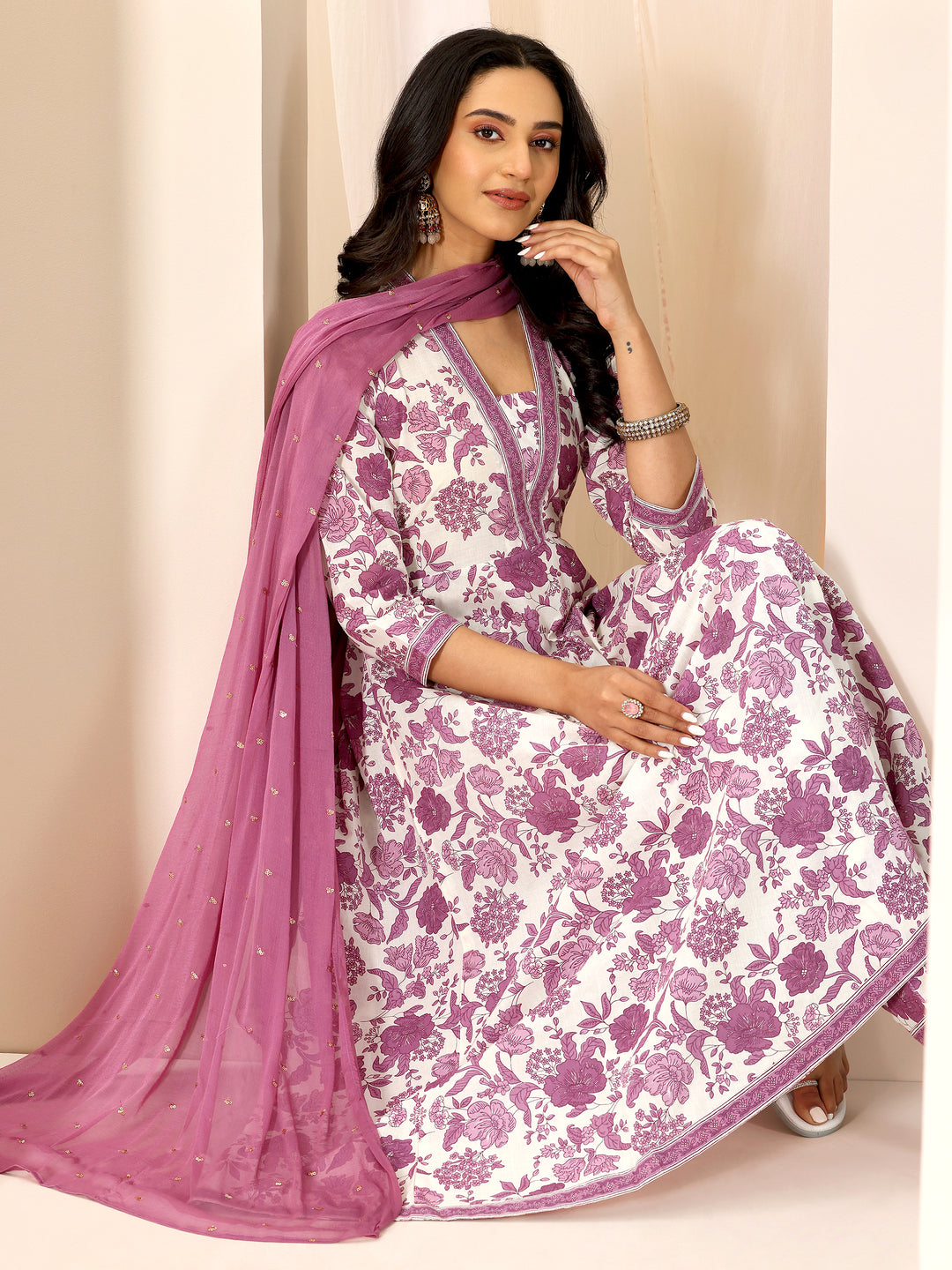  Mauve Printed Cotton Anarkali Suit Set With Dupatta 