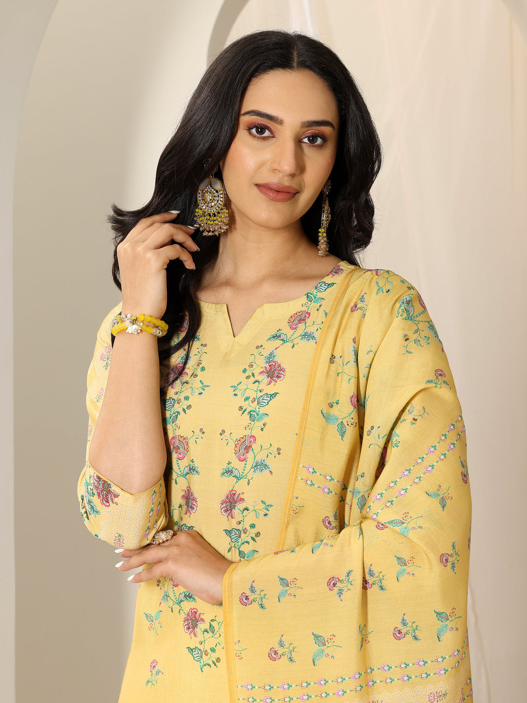  Yellow Printed Silk Blend Straight Suit Set With Dupatta 