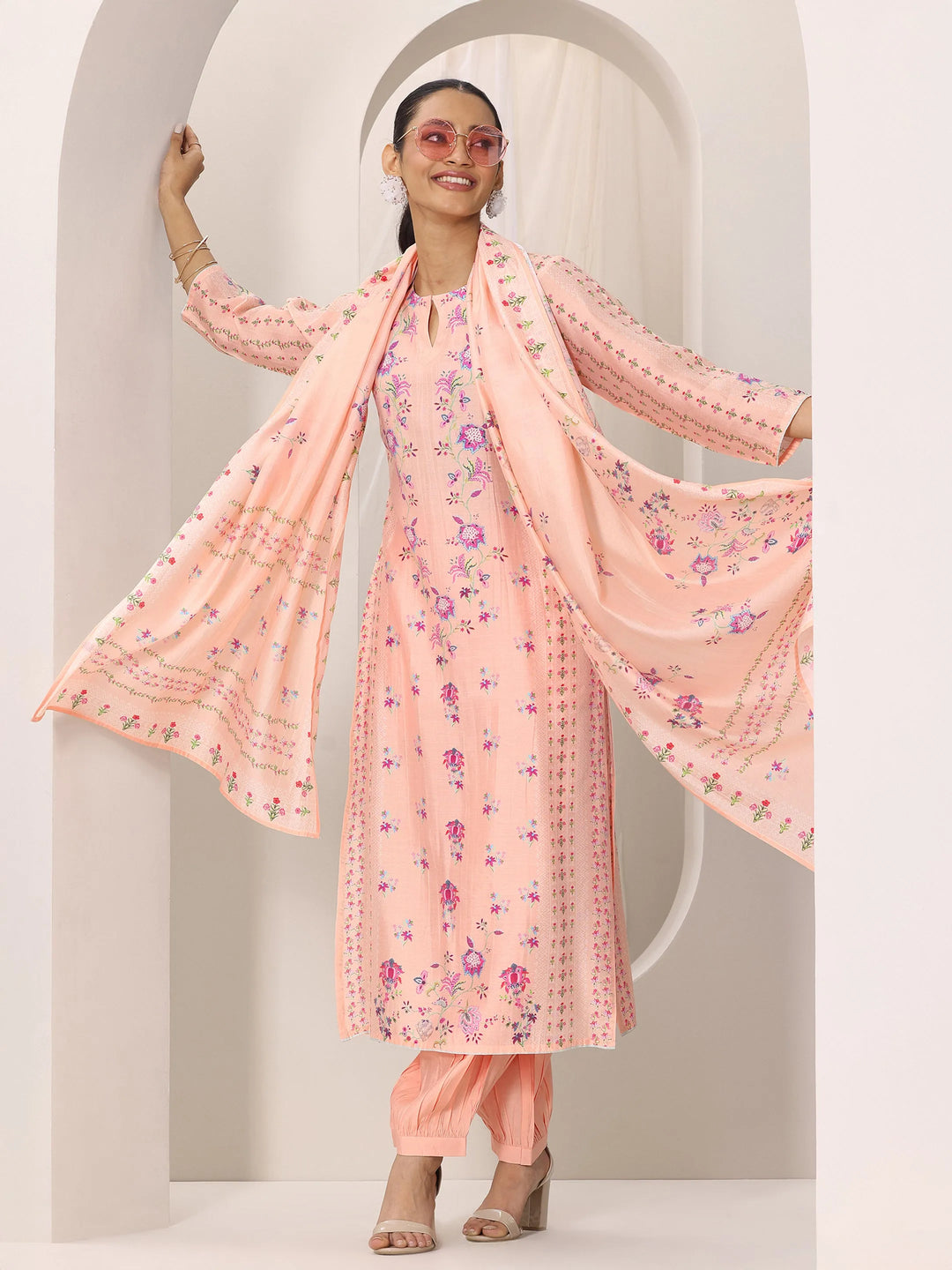 Peach Printed Silk Blend Straight Suit Set With Dupatta