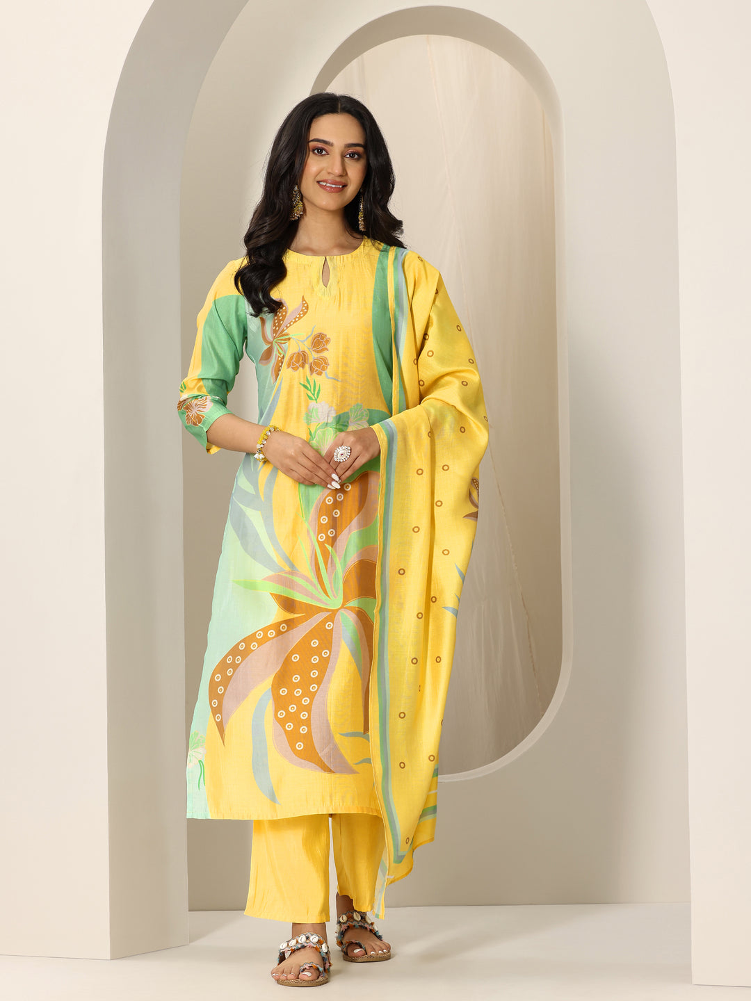 Yellow Printed Silk Blend Straight Suit Set With Dupatta