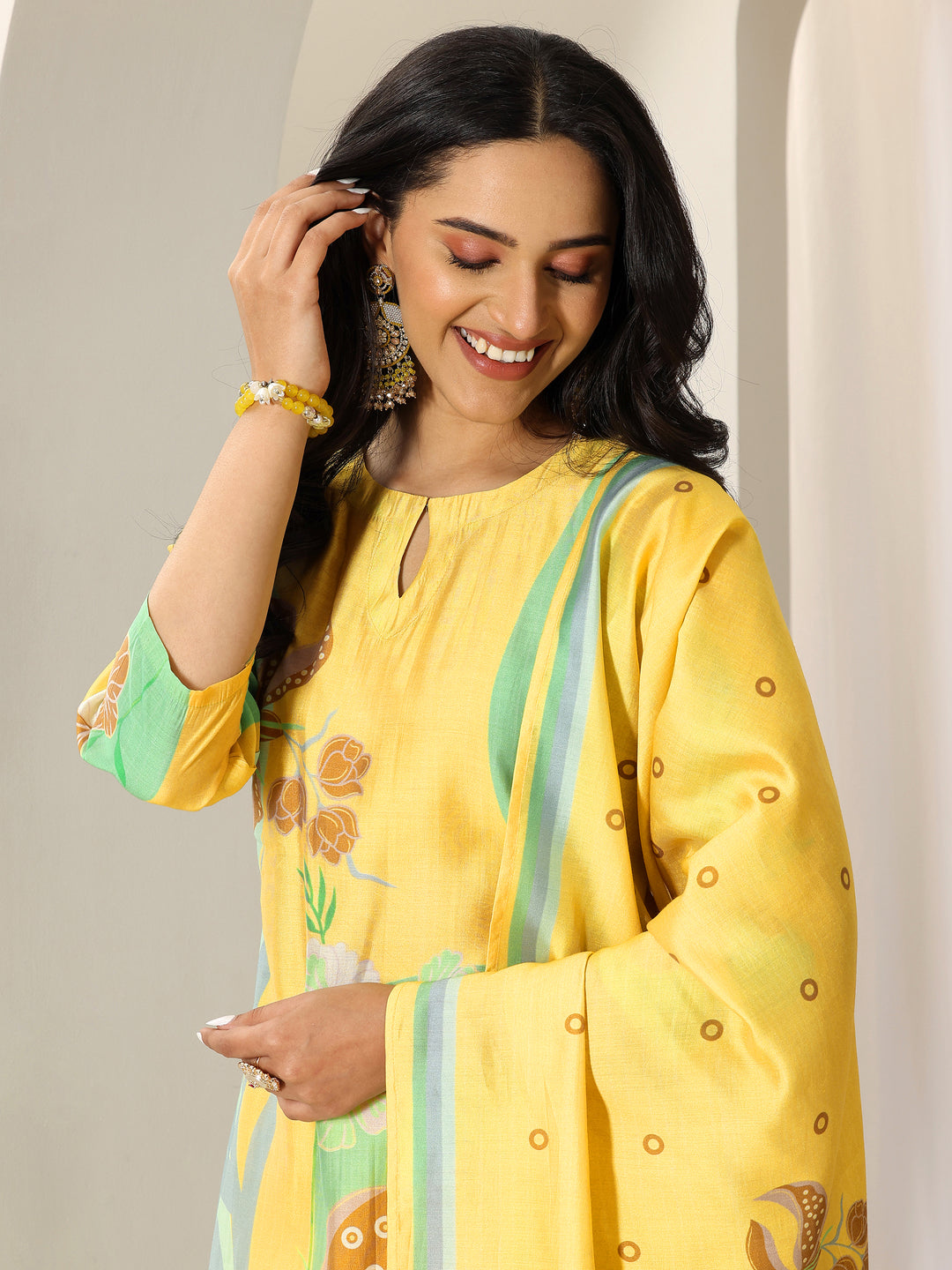  Yellow Printed Silk Blend Straight Suit Set With Dupatta 