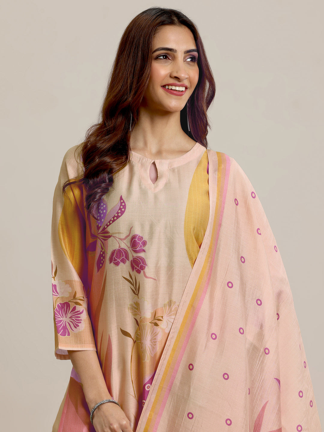  Peach Printed Silk Blend Straight Suit Set With Dupatta 