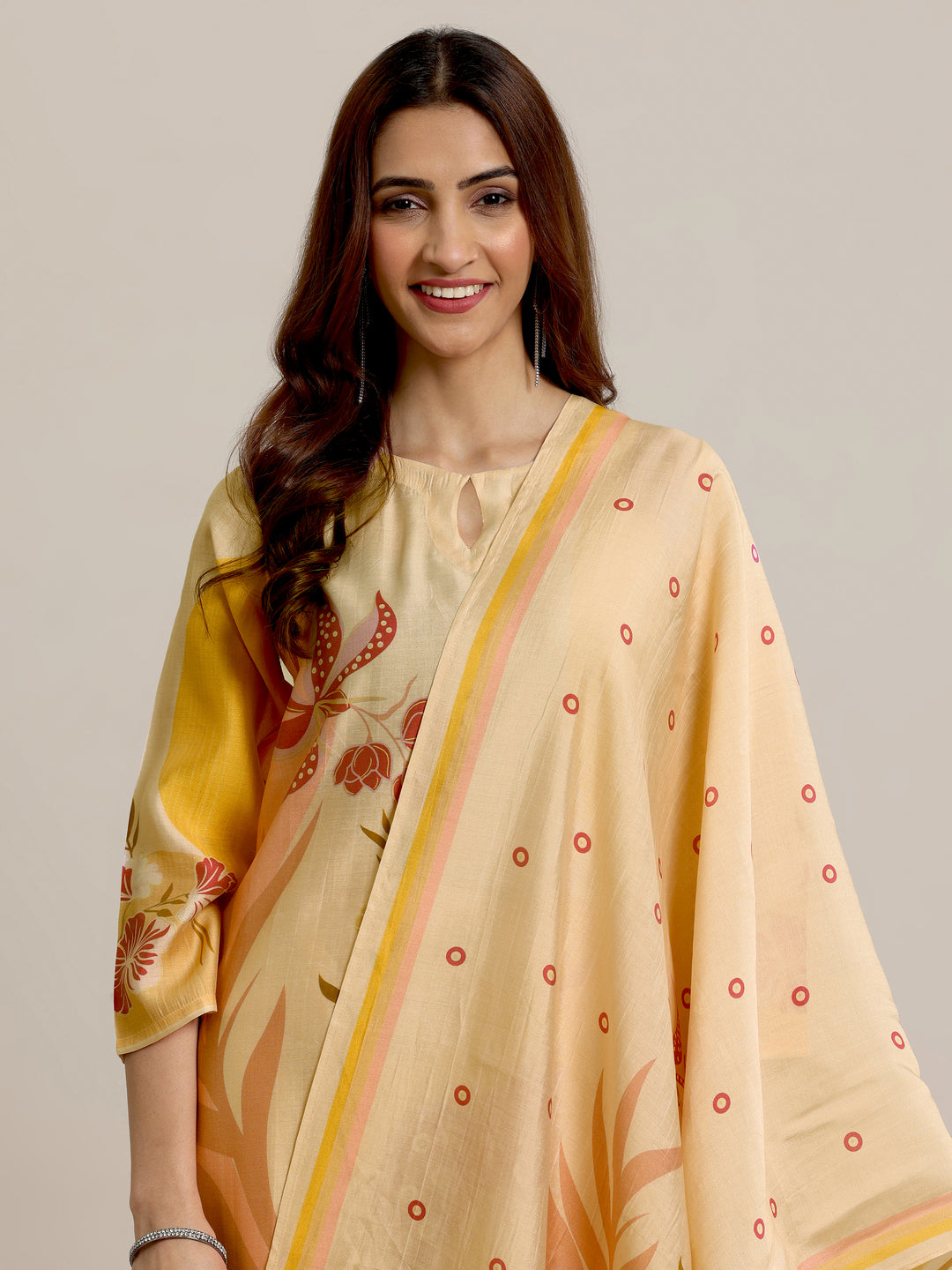  Peach Printed Silk Blend Straight Suit Set With Dupatta 