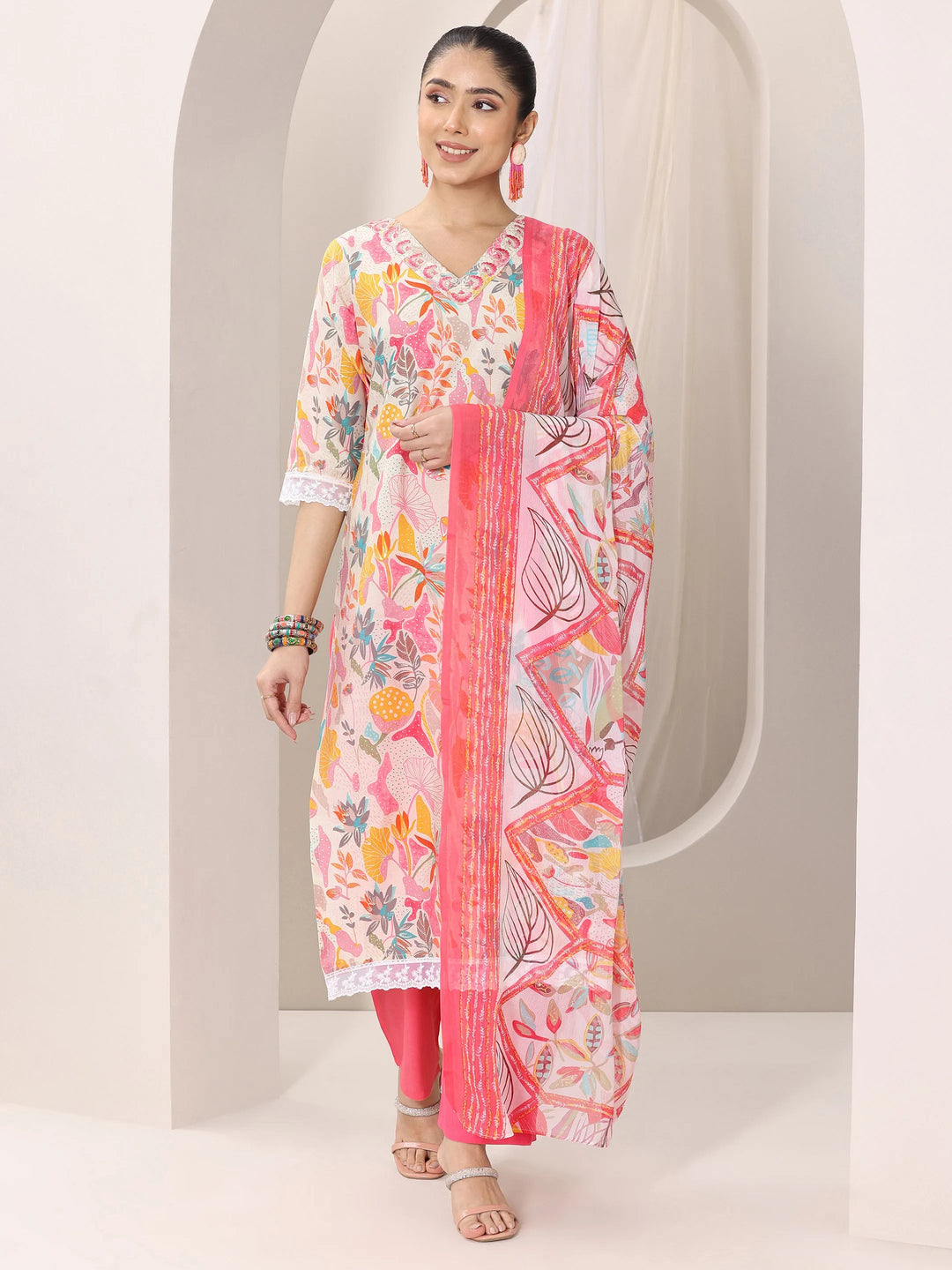  Multi Printed Silk Blend Straight Suit Set With Dupatta 