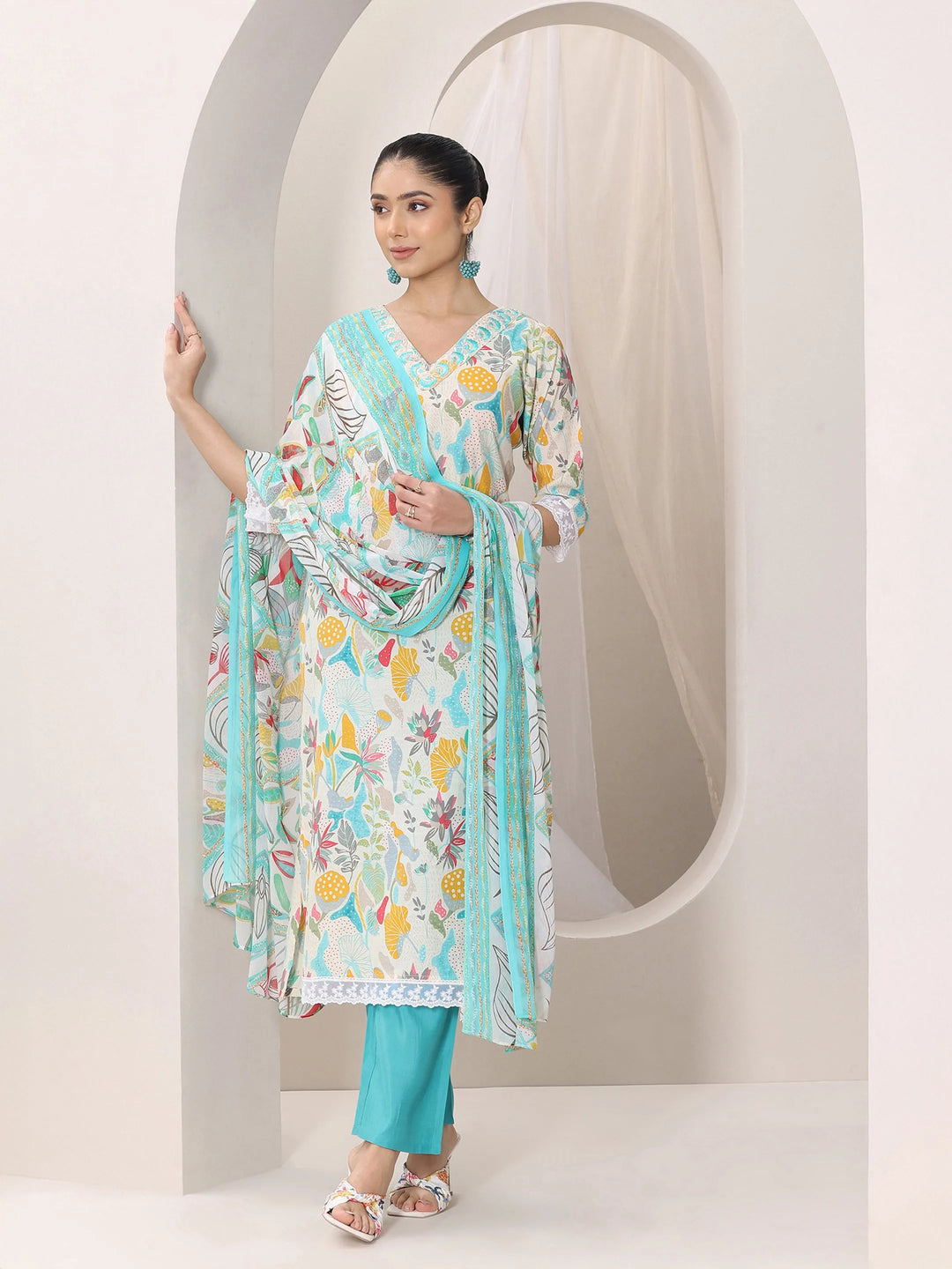  Multi Printed Silk Blend Straight Suit Set With Dupatta 